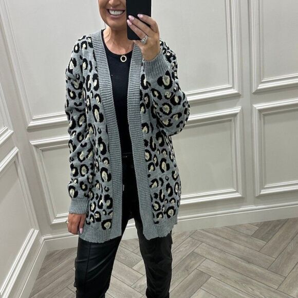 Cynthia Rowley Gray Leopard Knit Acrylic Alpaca Blend Open Long Line Cardigan S - Picture 2 of 9